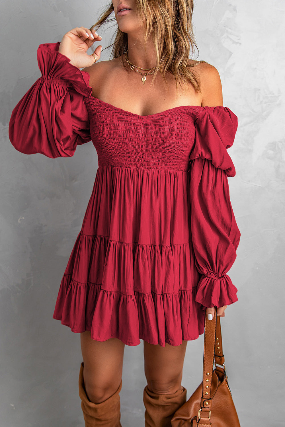 Bliss Smocked Off-Shoulder Tiered Mini Dress (Copy)