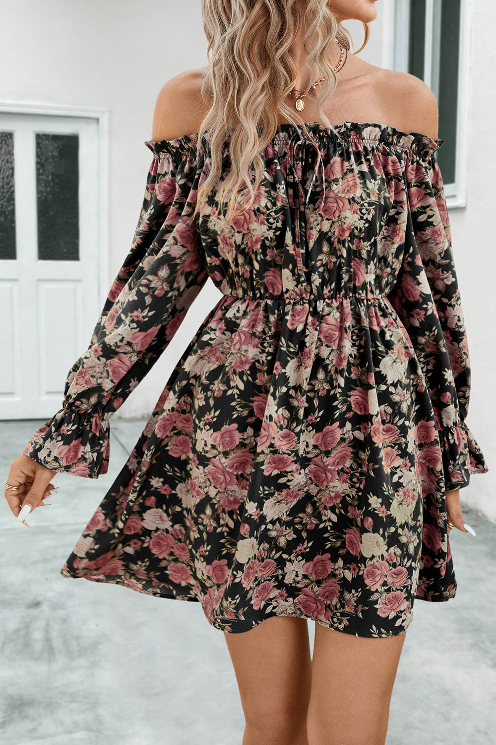 Faye Floral Off-Shoulder Flounce Sleeve Dress