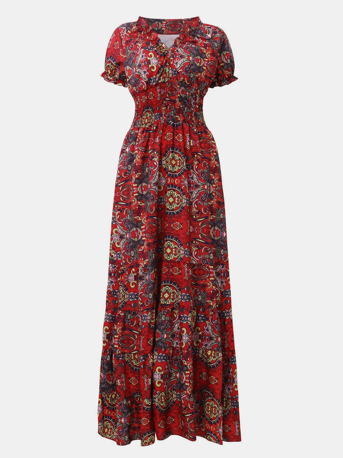 Lisbon Smocked Printed V-Neck Short Sleeve Dress (Copy)