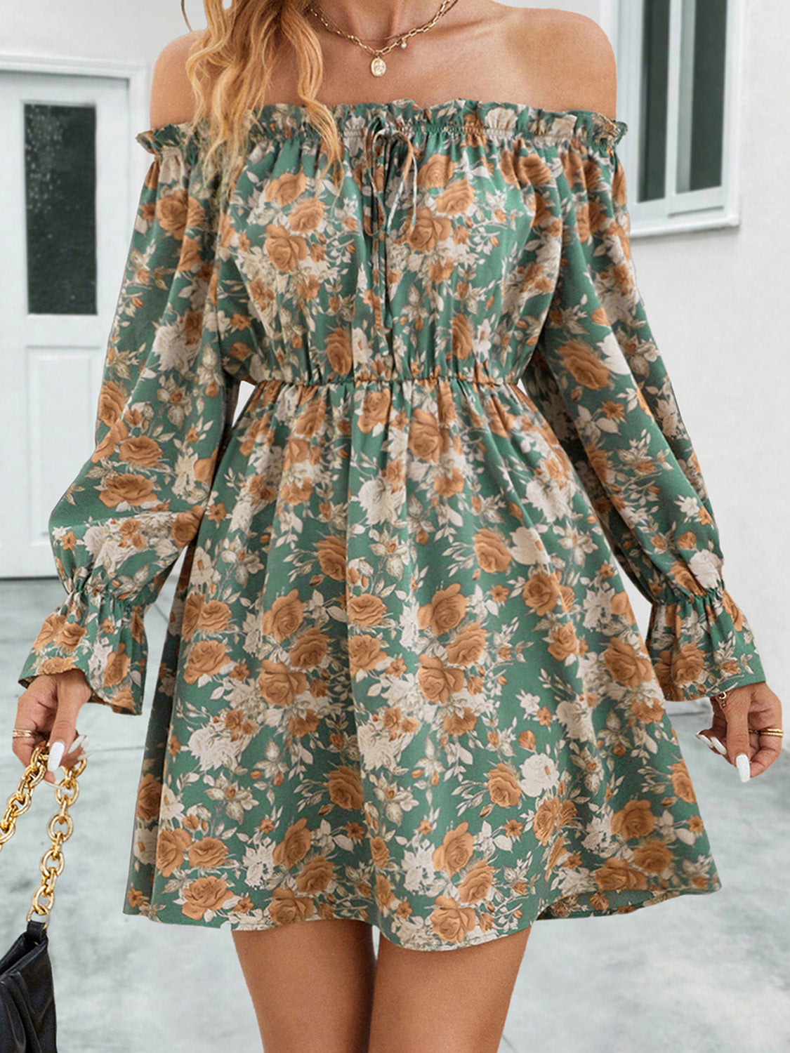 Faye Floral Off-Shoulder Flounce Sleeve Dress