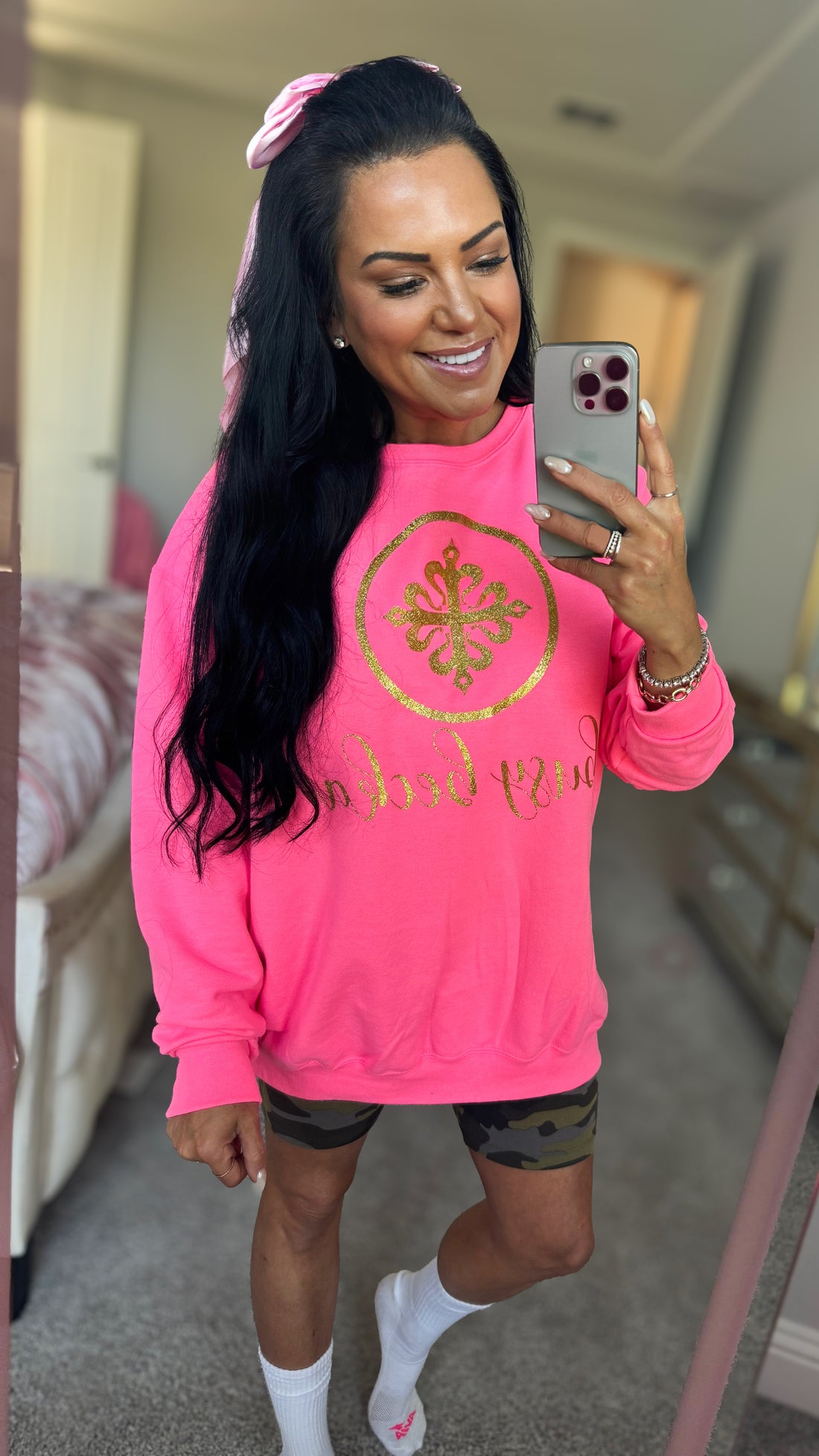 Busy Becka Custom Sweatshirt - Neon Pink & Gold Glitter