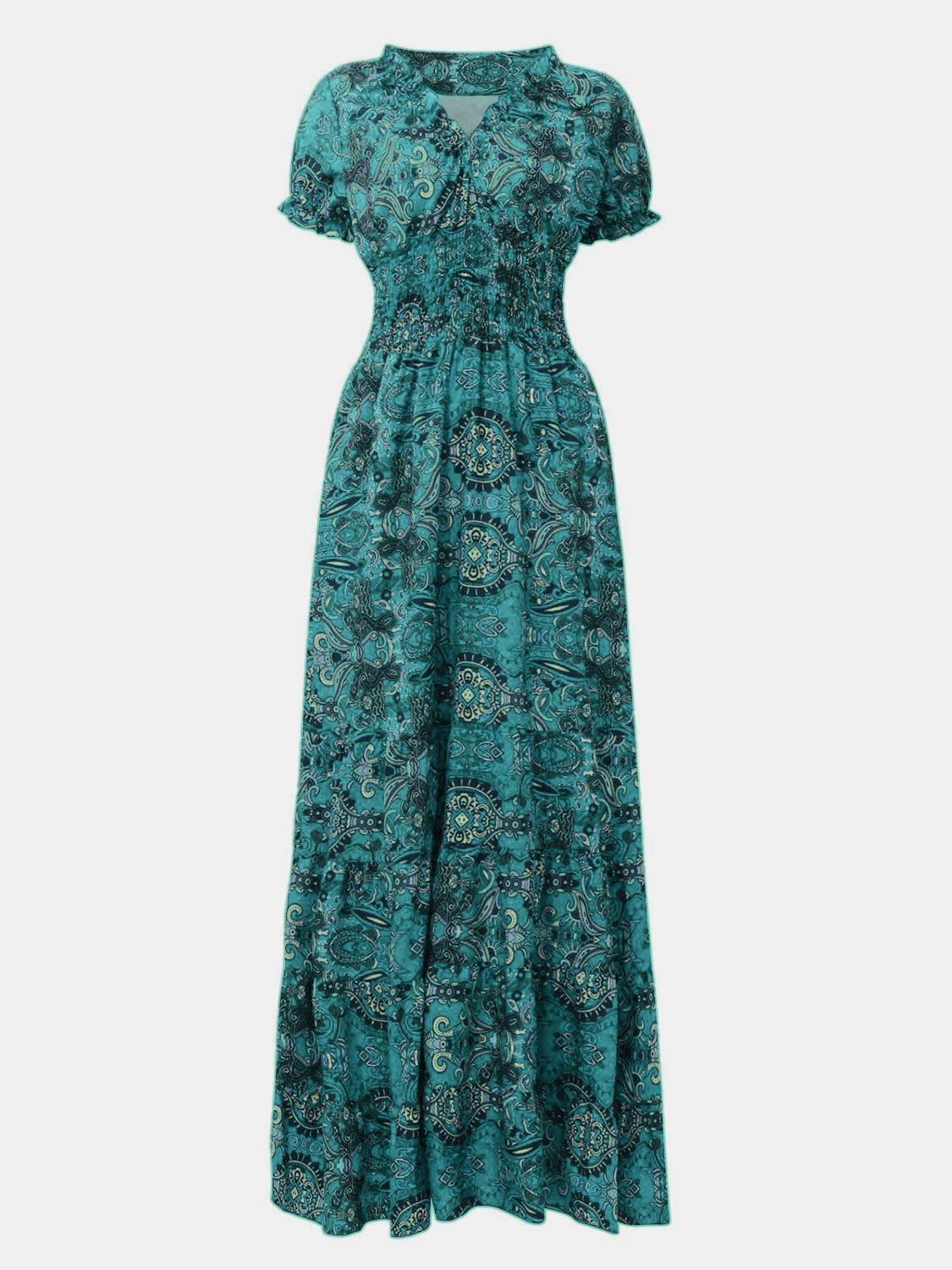 Lisbon Smocked Printed V-Neck Short Sleeve Dress (Copy)