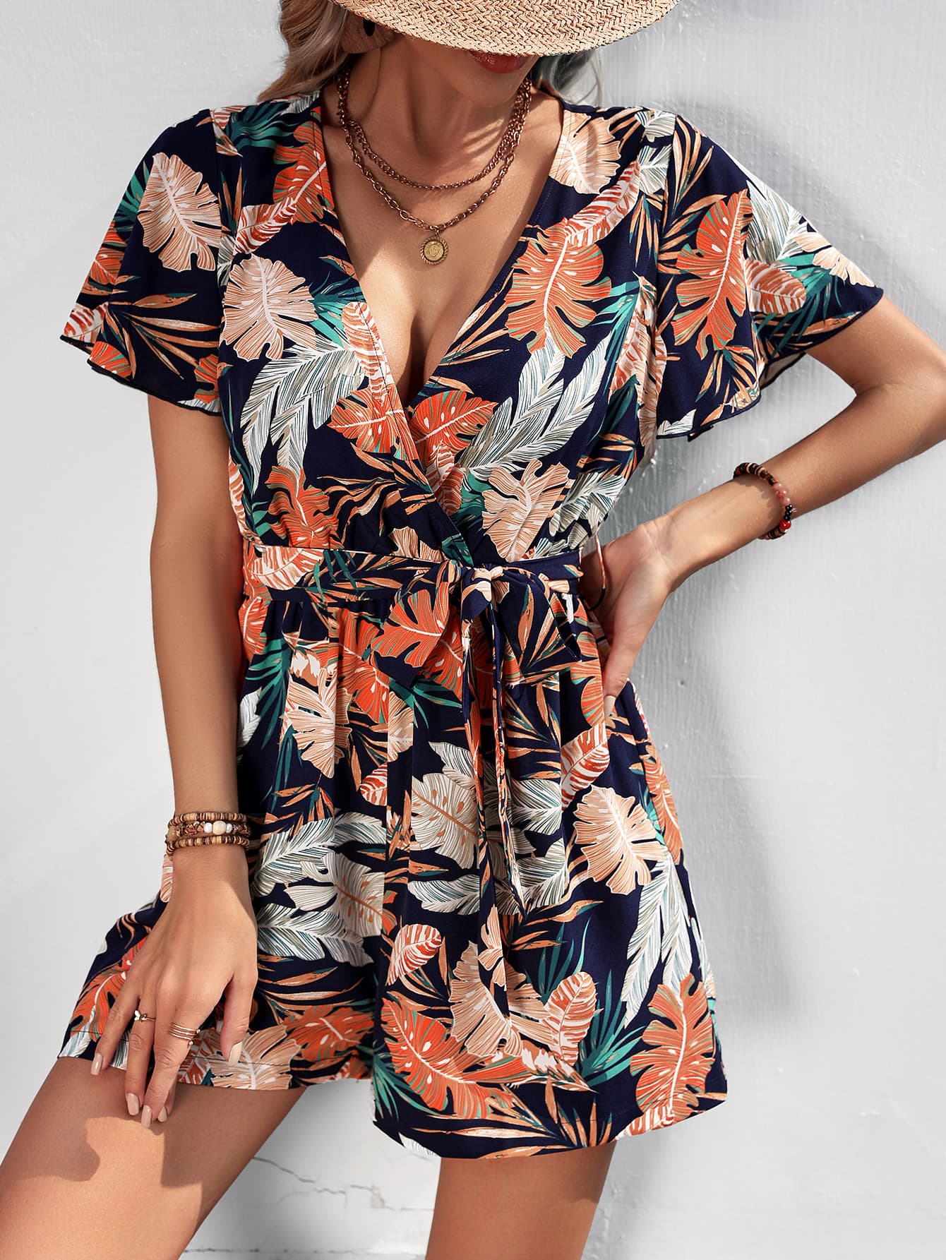 Heidi Botanical Print Surplice Neck Tie Waist Romper (Copy)