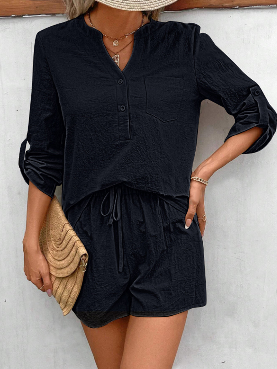 Botswana Notched Long Sleeve Top and Shorts Set (Copy)