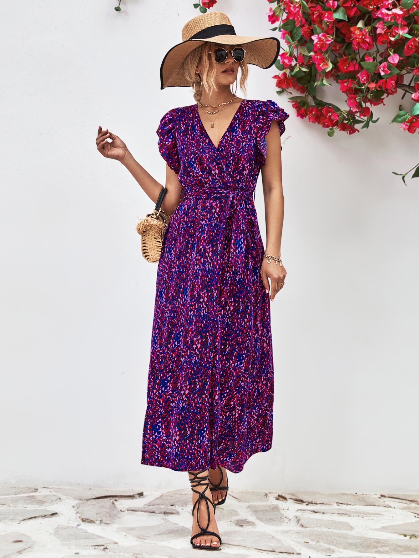 Ivy Printed Surplice Neck Flutter Sleeve Slit Dress