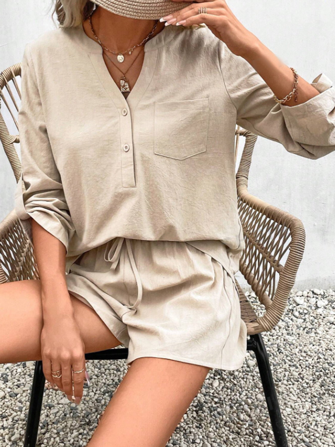 Botswana Notched Long Sleeve Top and Shorts Set (Copy)