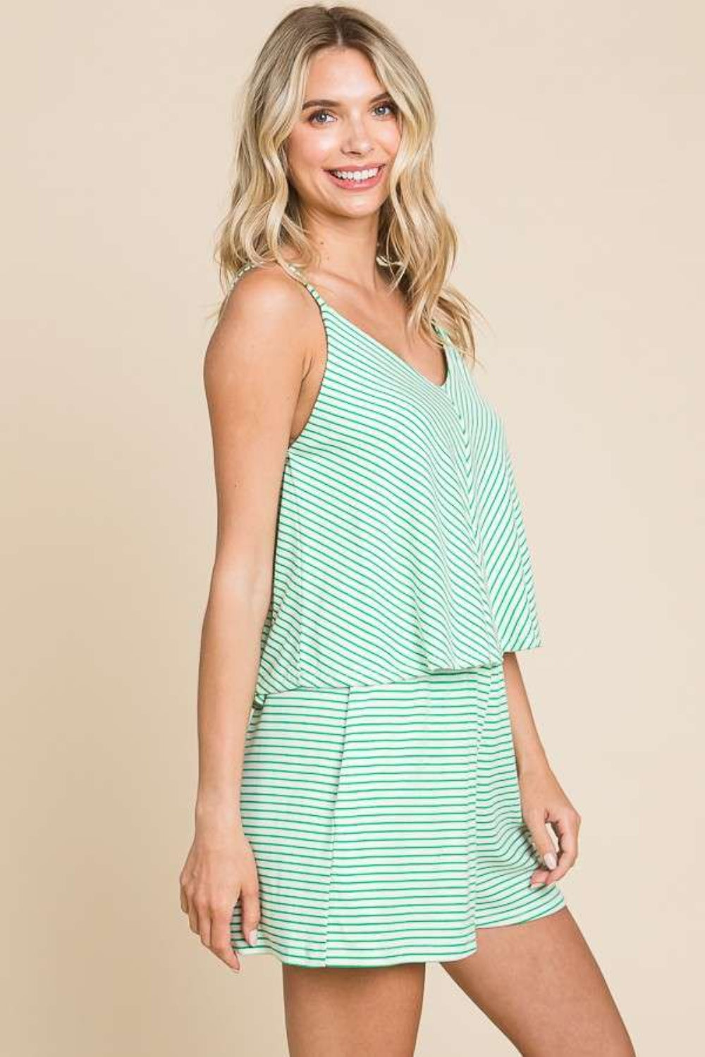 Waterfalls Double Flare Striped Romper - Green