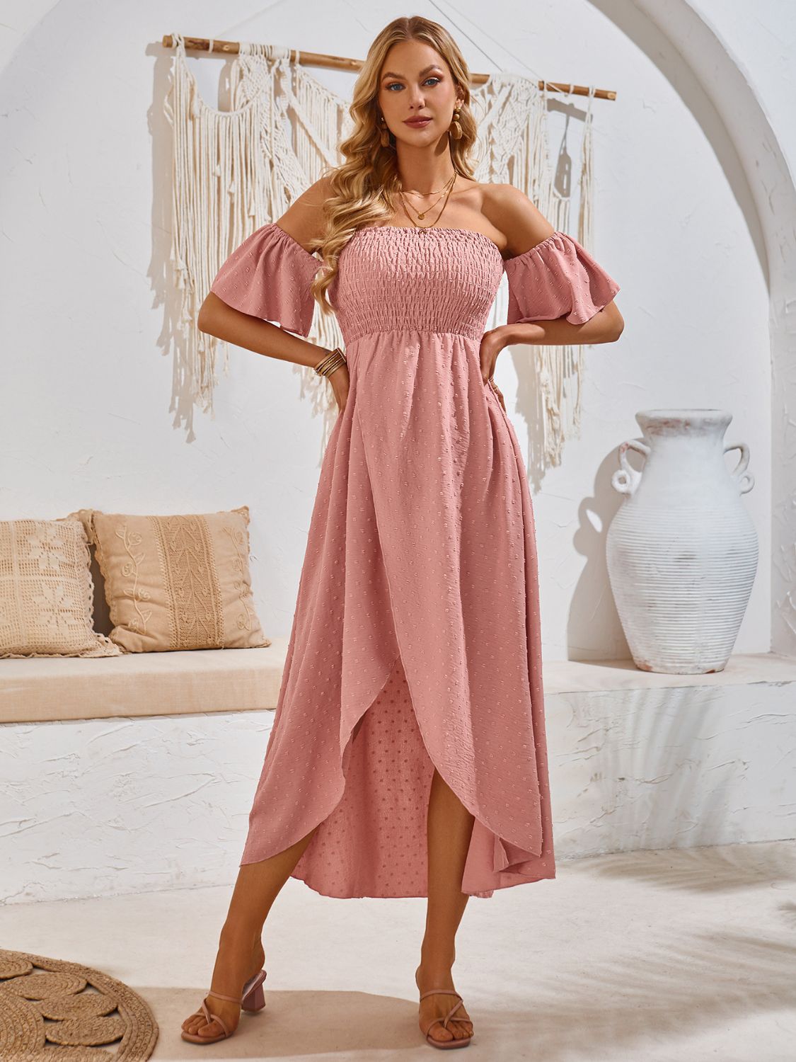 Florence High-Low Smocked Short Sleeve Midi Dress (Copy)