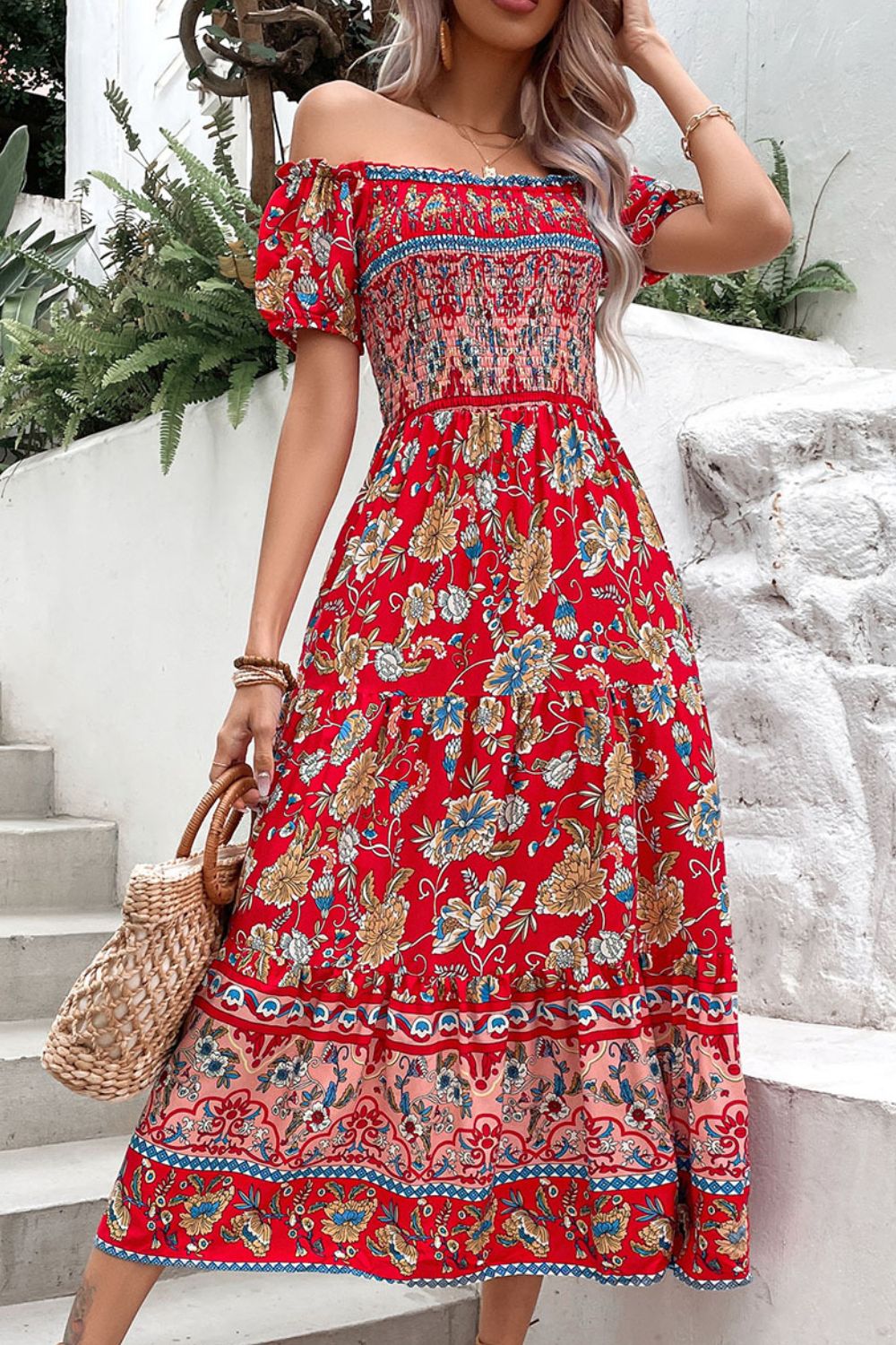 Fiesta Floral Off-Shoulder Smocked Midi Dress (Copy)
