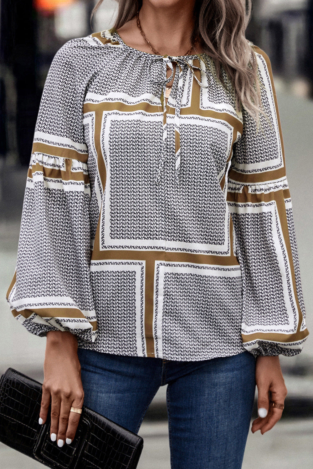 Gotham Printed Tie Neck Balloon Sleeve Blouse (Copy)