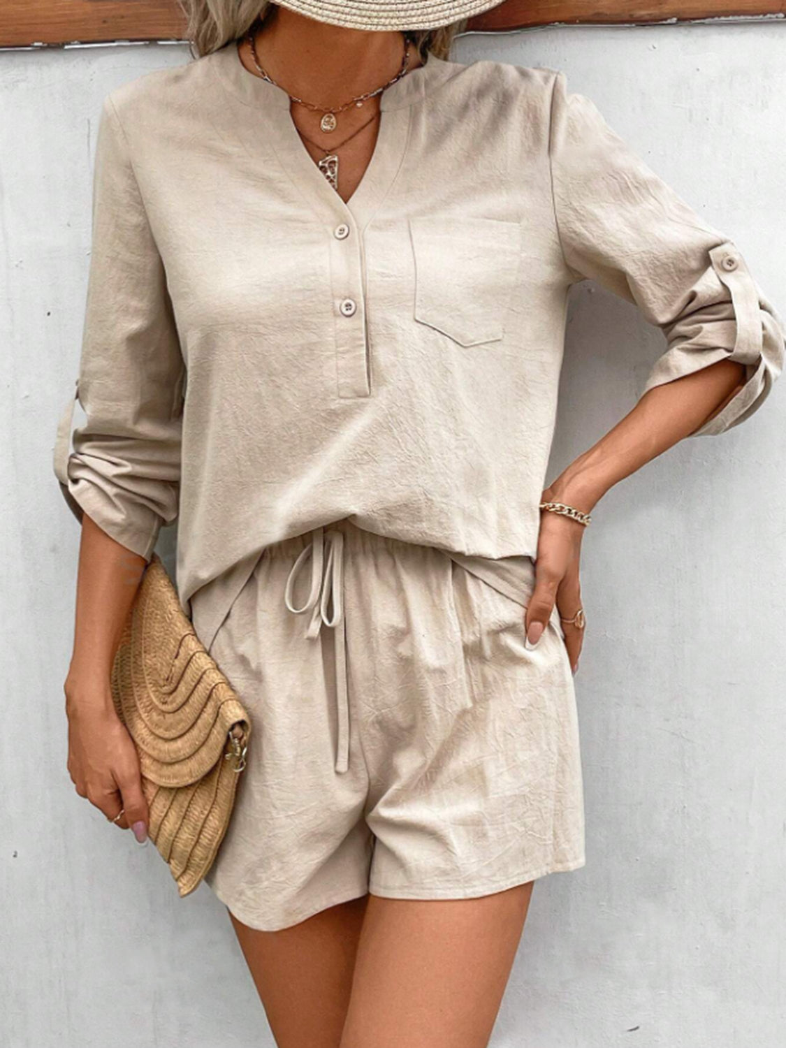 Botswana Notched Long Sleeve Top and Shorts Set (Copy)