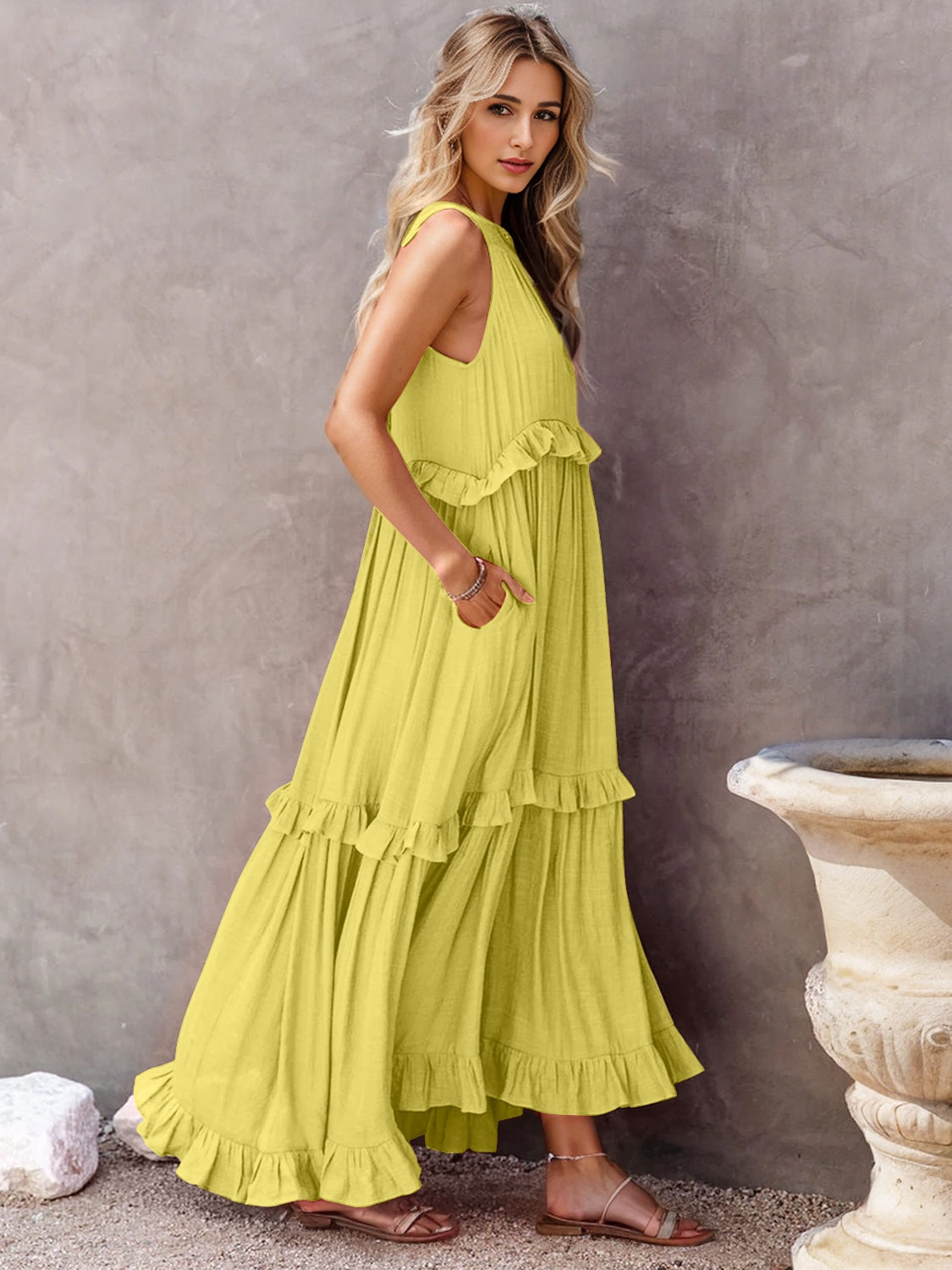 Ruffled Sleeveless Tiered Maxi Dress with Pockets (Copy)