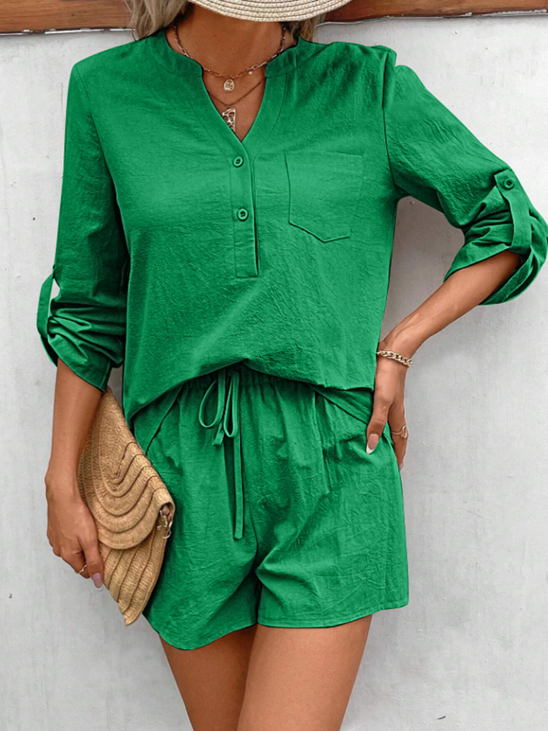 Botswana Notched Long Sleeve Top and Shorts Set (Copy)