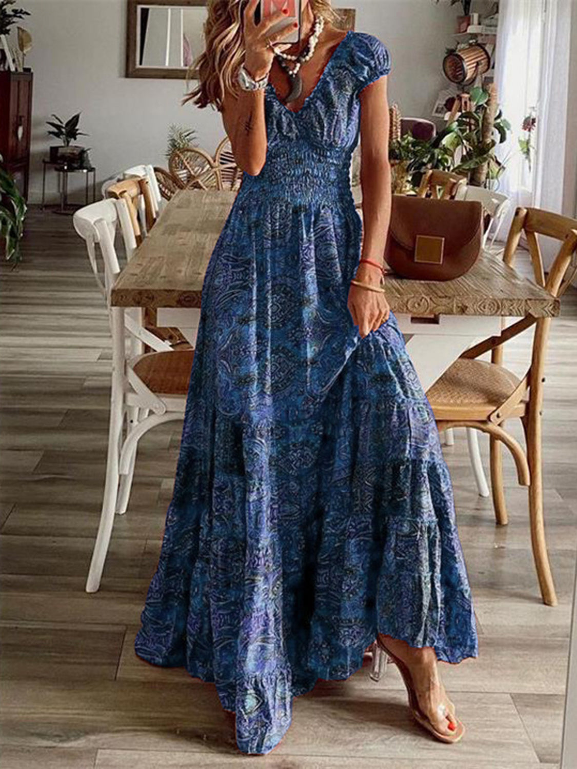 Lisbon Smocked Printed V-Neck Short Sleeve Dress (Copy)