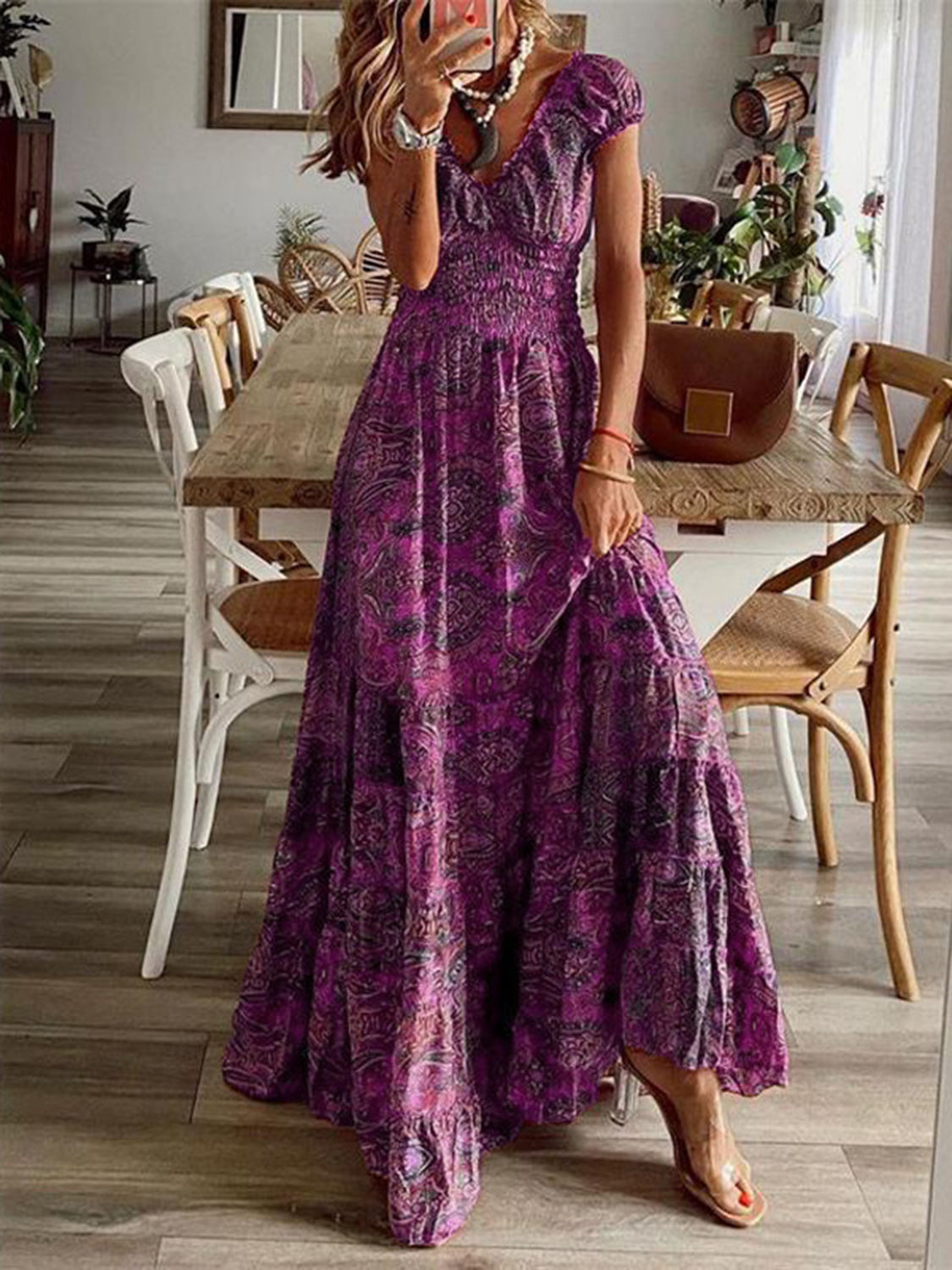 Lisbon Smocked Printed V-Neck Short Sleeve Dress (Copy)