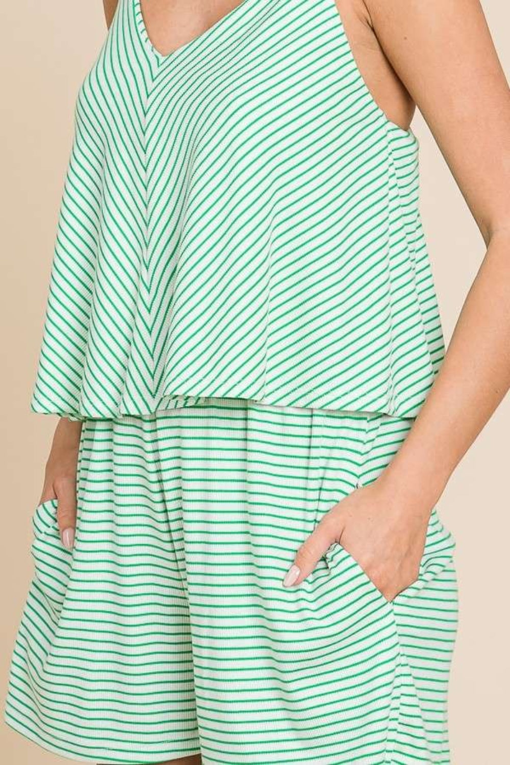 Waterfalls Double Flare Striped Romper - Green