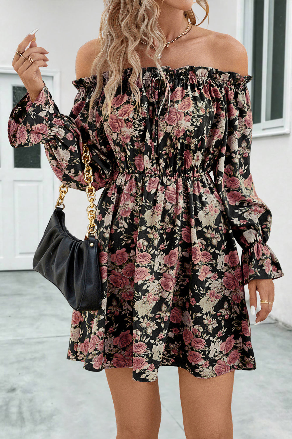 Faye Floral Off-Shoulder Flounce Sleeve Dress