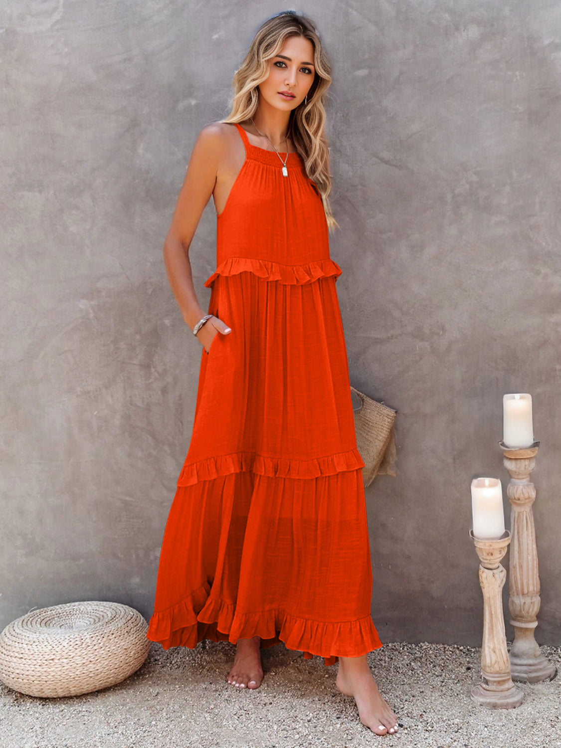 Ruffled Sleeveless Tiered Maxi Dress with Pockets (Copy)