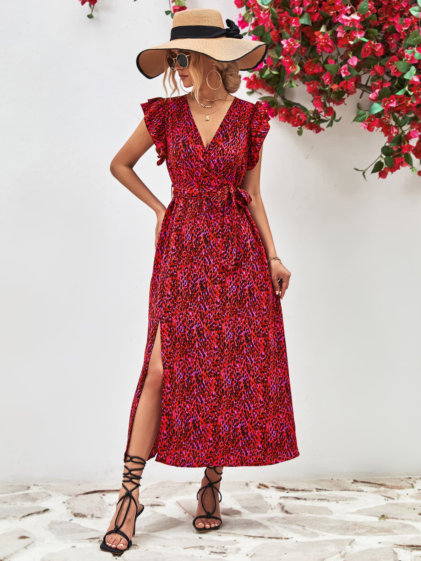 Ivy Printed Surplice Neck Flutter Sleeve Slit Dress
