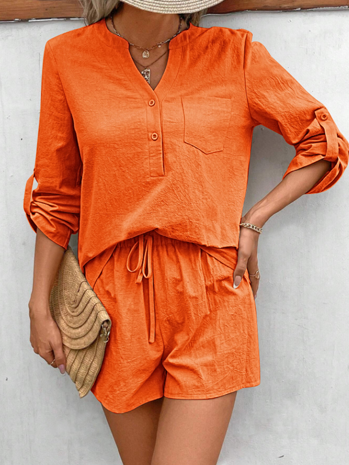 Botswana Notched Long Sleeve Top and Shorts Set (Copy)