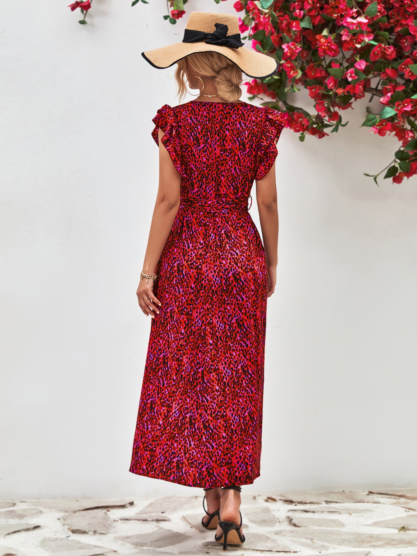 Ivy Printed Surplice Neck Flutter Sleeve Slit Dress