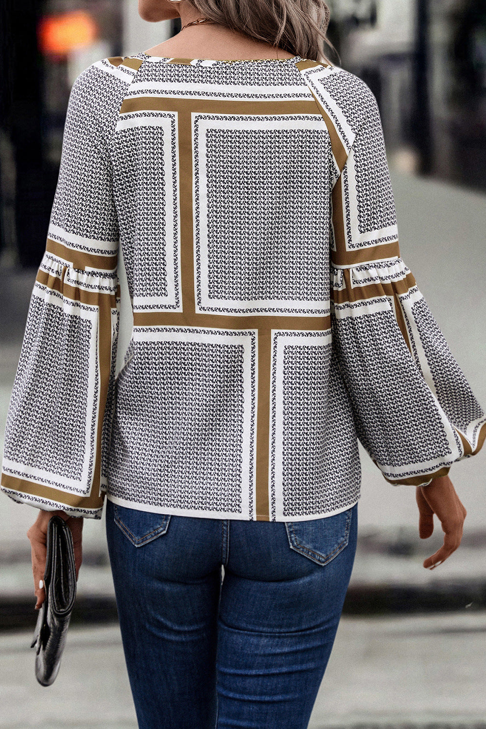Gotham Printed Tie Neck Balloon Sleeve Blouse (Copy)
