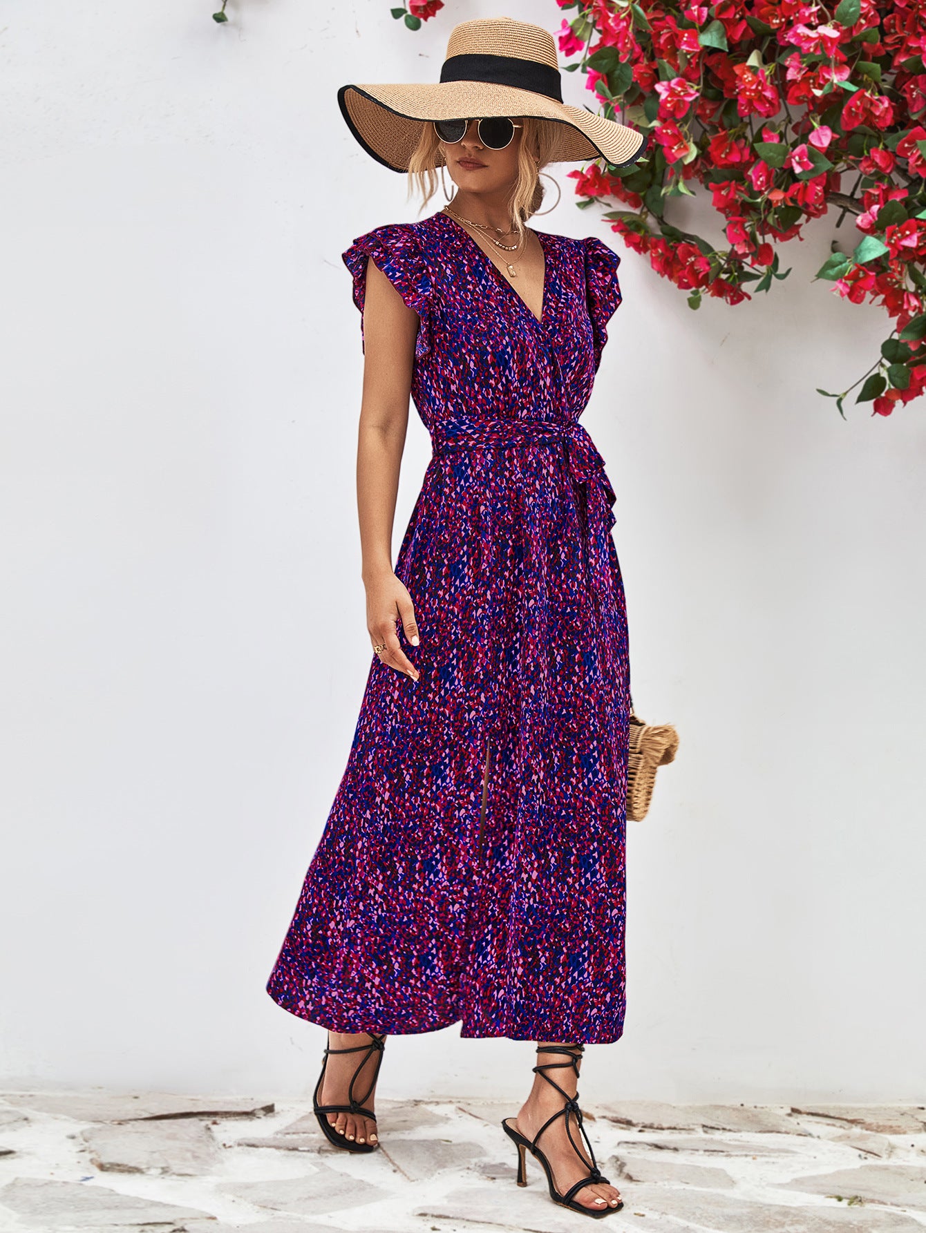 Ivy Printed Surplice Neck Flutter Sleeve Slit Dress