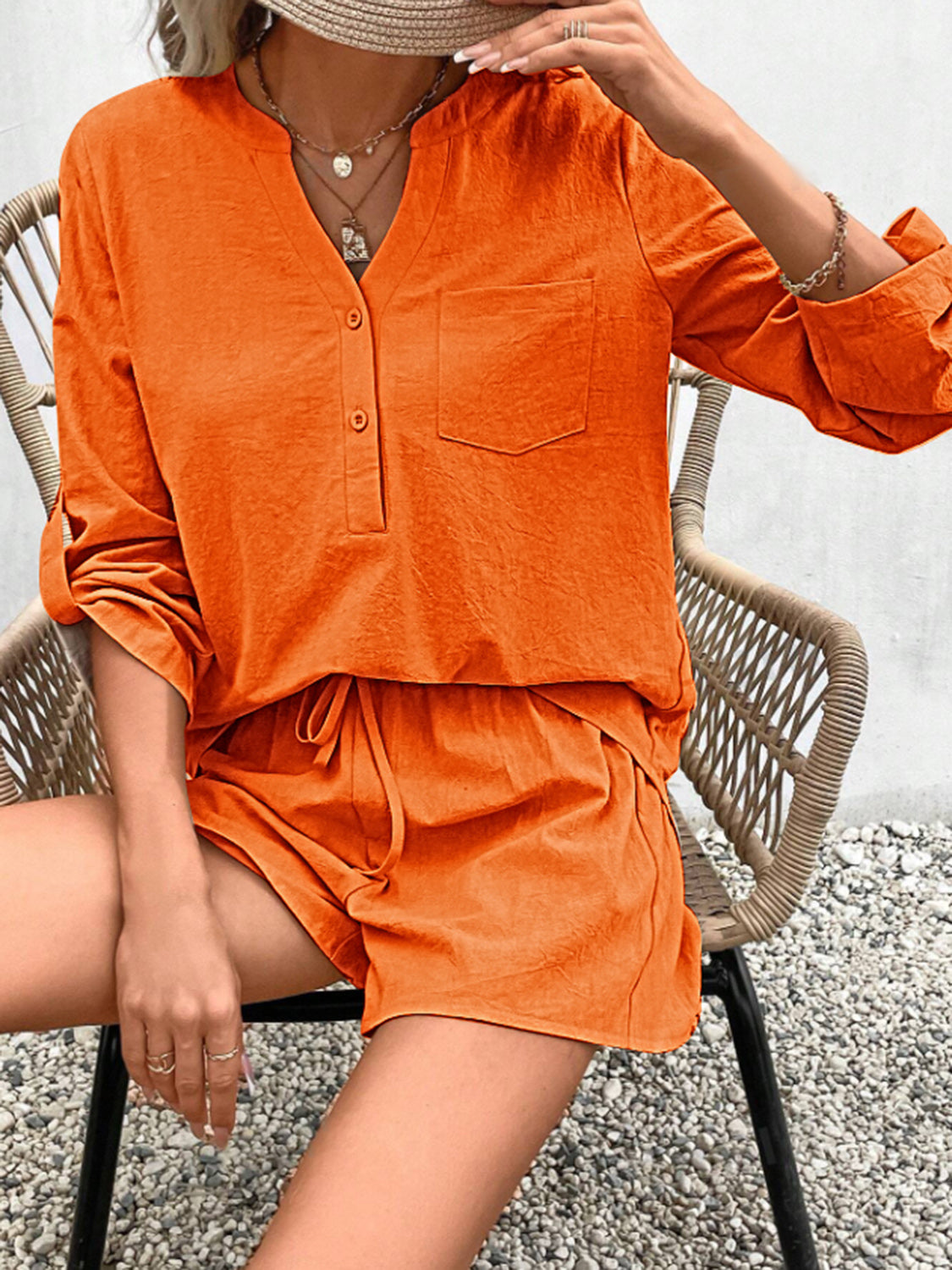 Botswana Notched Long Sleeve Top and Shorts Set (Copy)