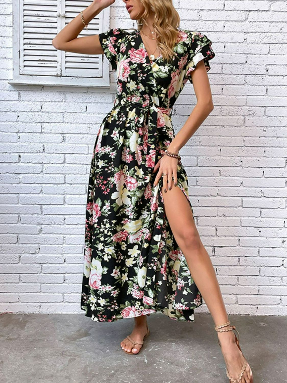 Falon Floral Flutter Sleeve Tie-Waist Split Dress (Copy)
