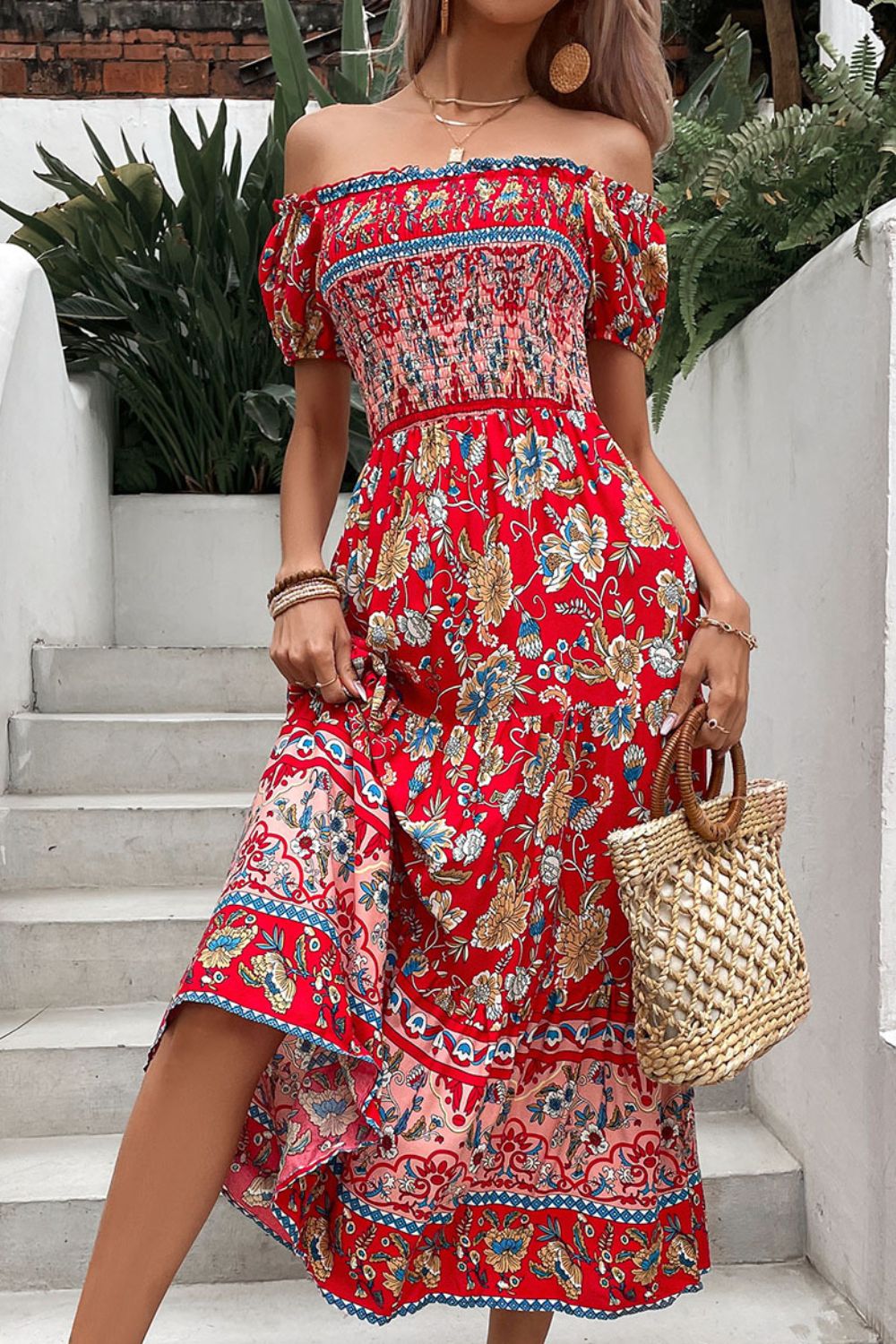 Fiesta Floral Off-Shoulder Smocked Midi Dress (Copy)