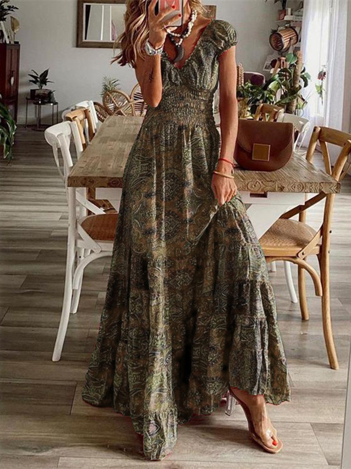 Lisbon Smocked Printed V-Neck Short Sleeve Dress (Copy)