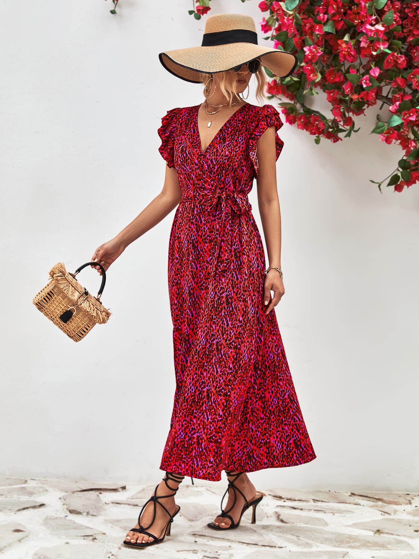 Ivy Printed Surplice Neck Flutter Sleeve Slit Dress