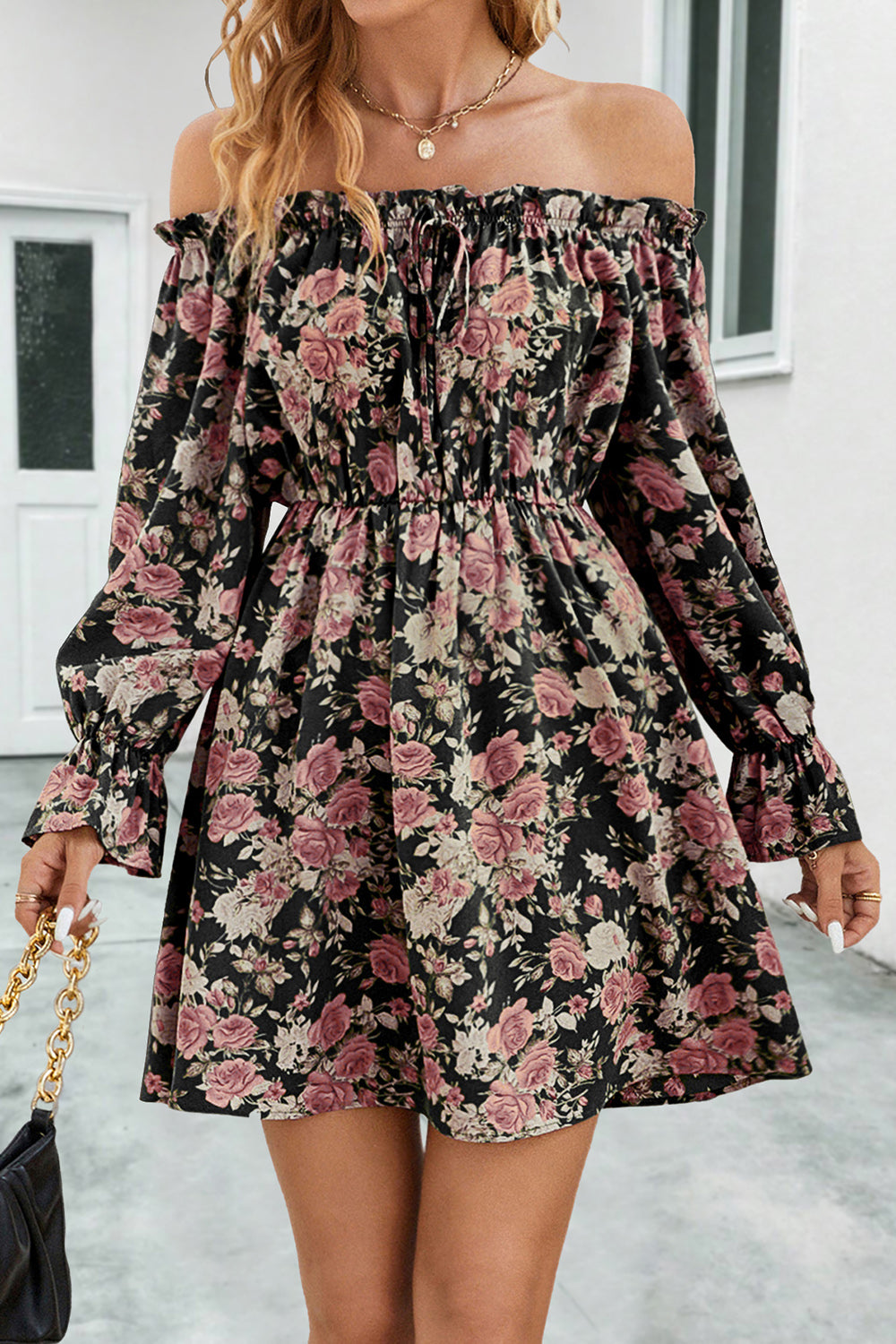 Faye Floral Off-Shoulder Flounce Sleeve Dress