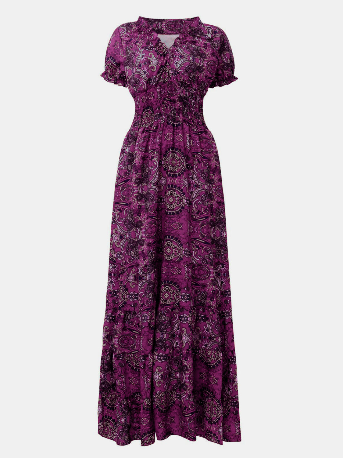 Lisbon Smocked Printed V-Neck Short Sleeve Dress (Copy)