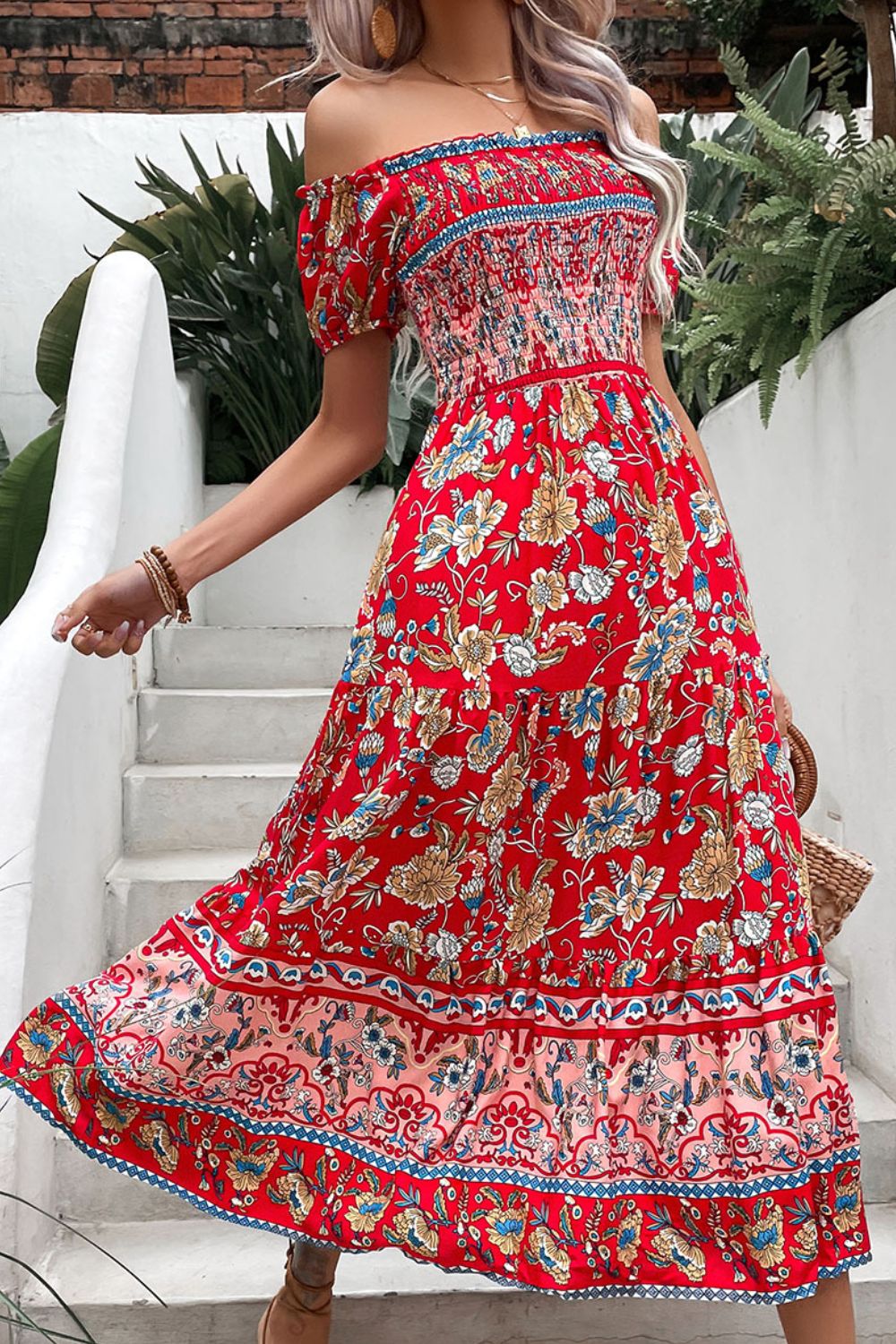 Fiesta Floral Off-Shoulder Smocked Midi Dress (Copy)