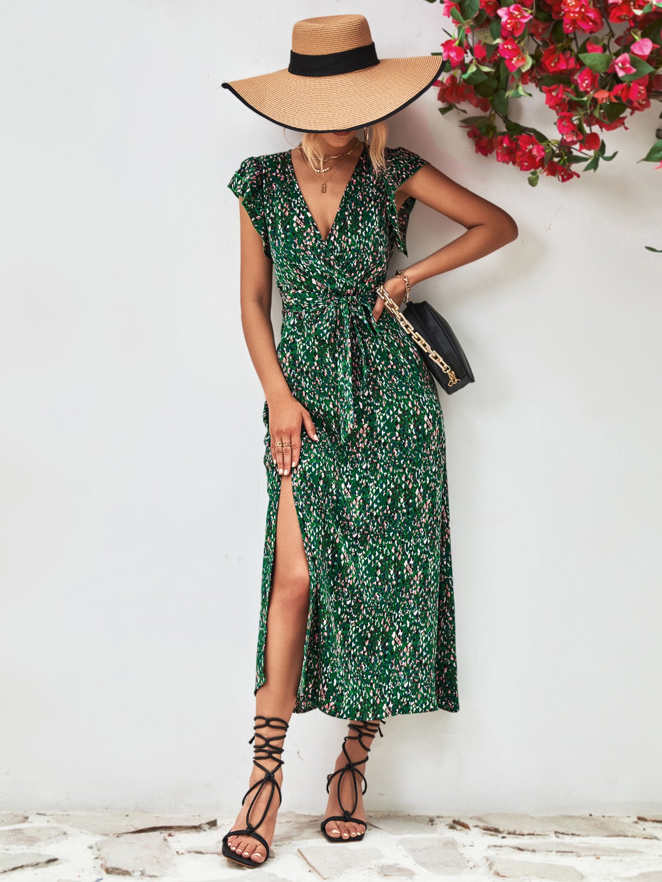 Ivy Printed Surplice Neck Flutter Sleeve Slit Dress