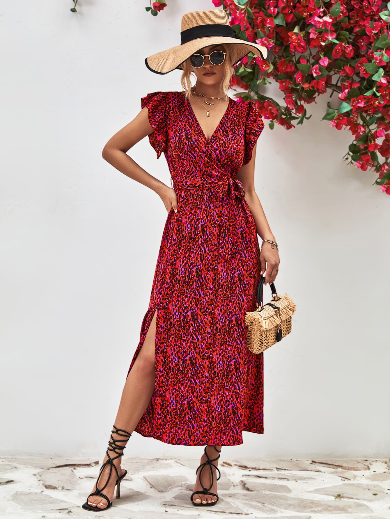 Ivy Printed Surplice Neck Flutter Sleeve Slit Dress