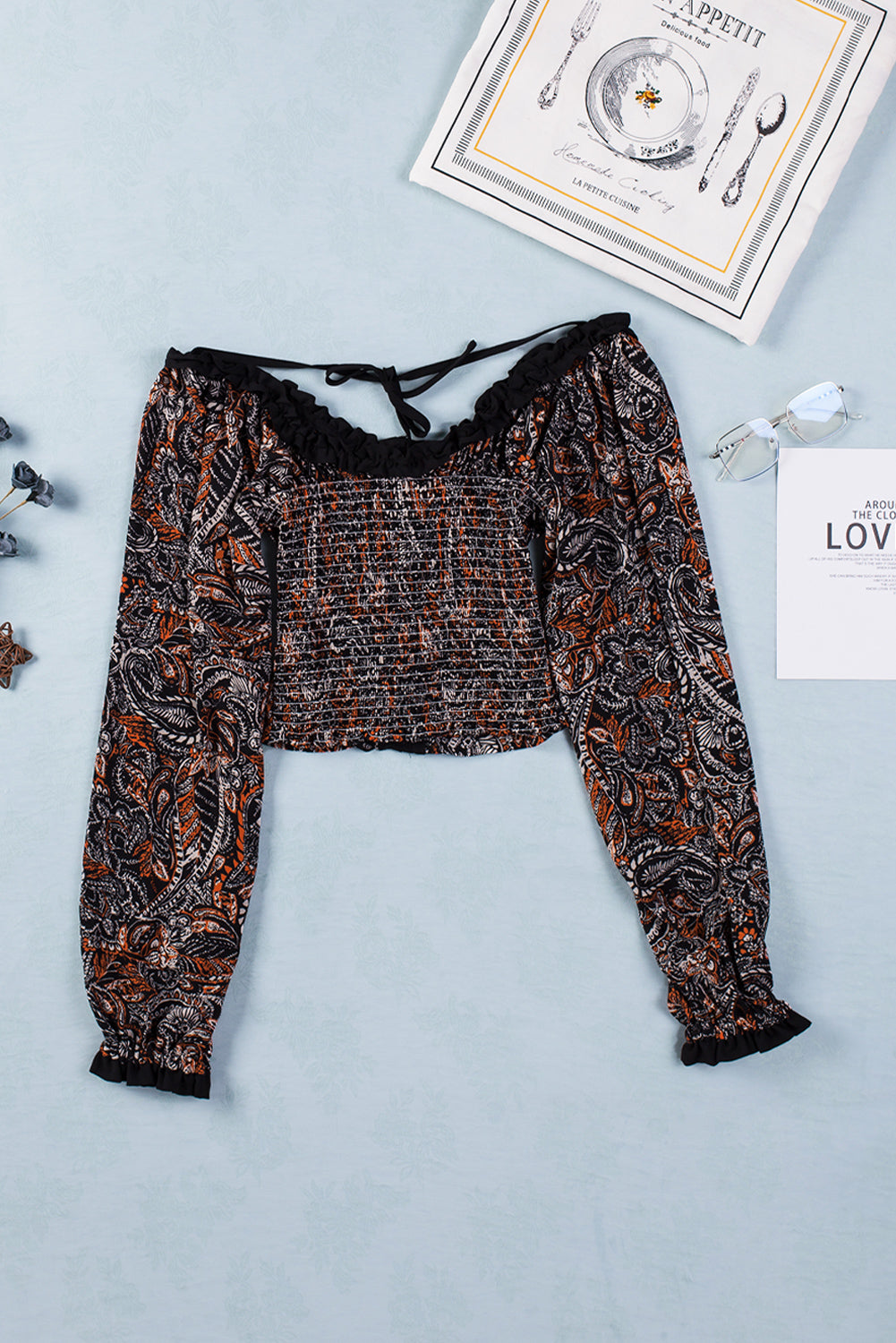 Payton Printed Buttoned Balloon Sleeve Cropped Blouse