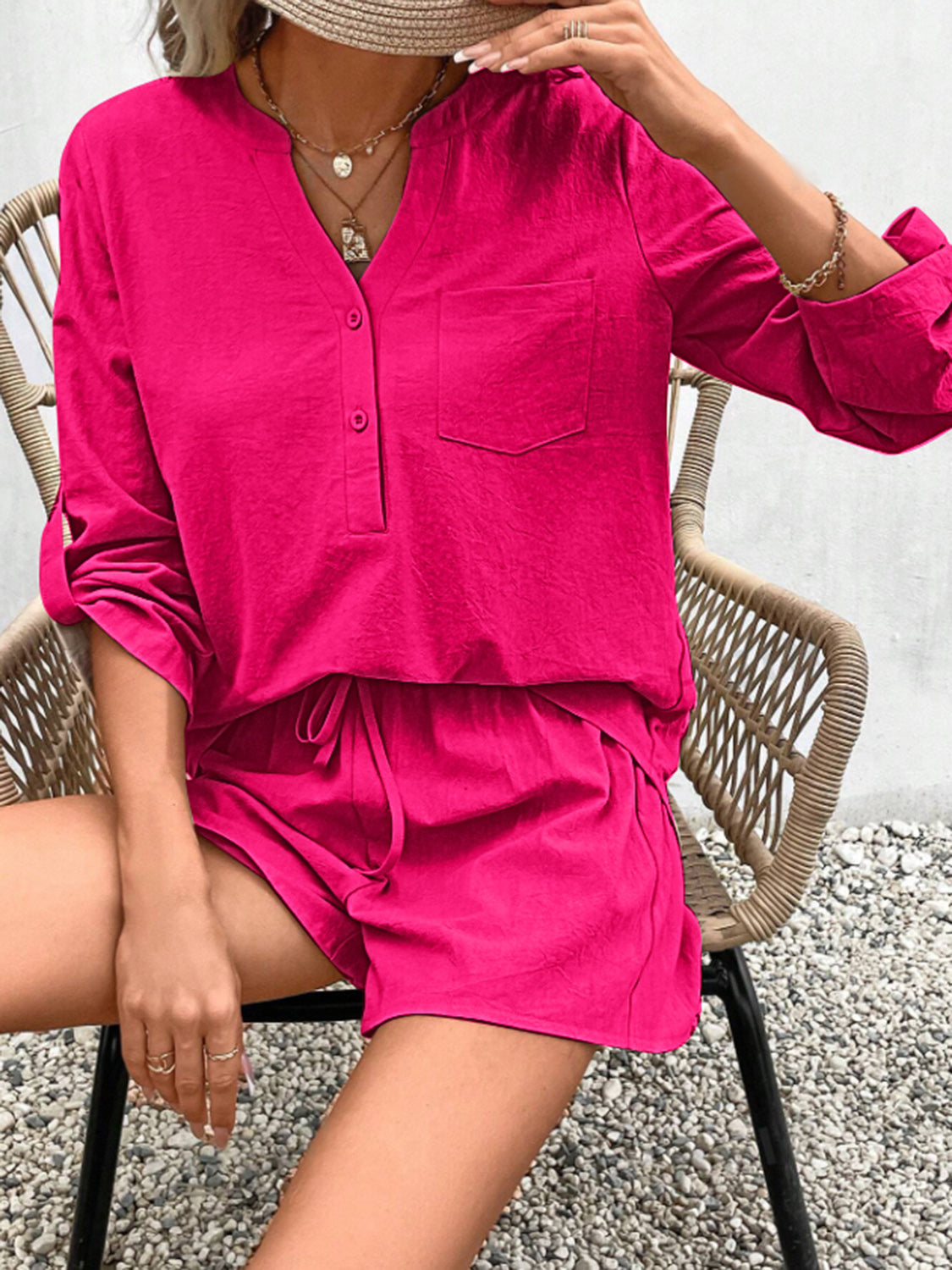 Botswana Notched Long Sleeve Top and Shorts Set (Copy)