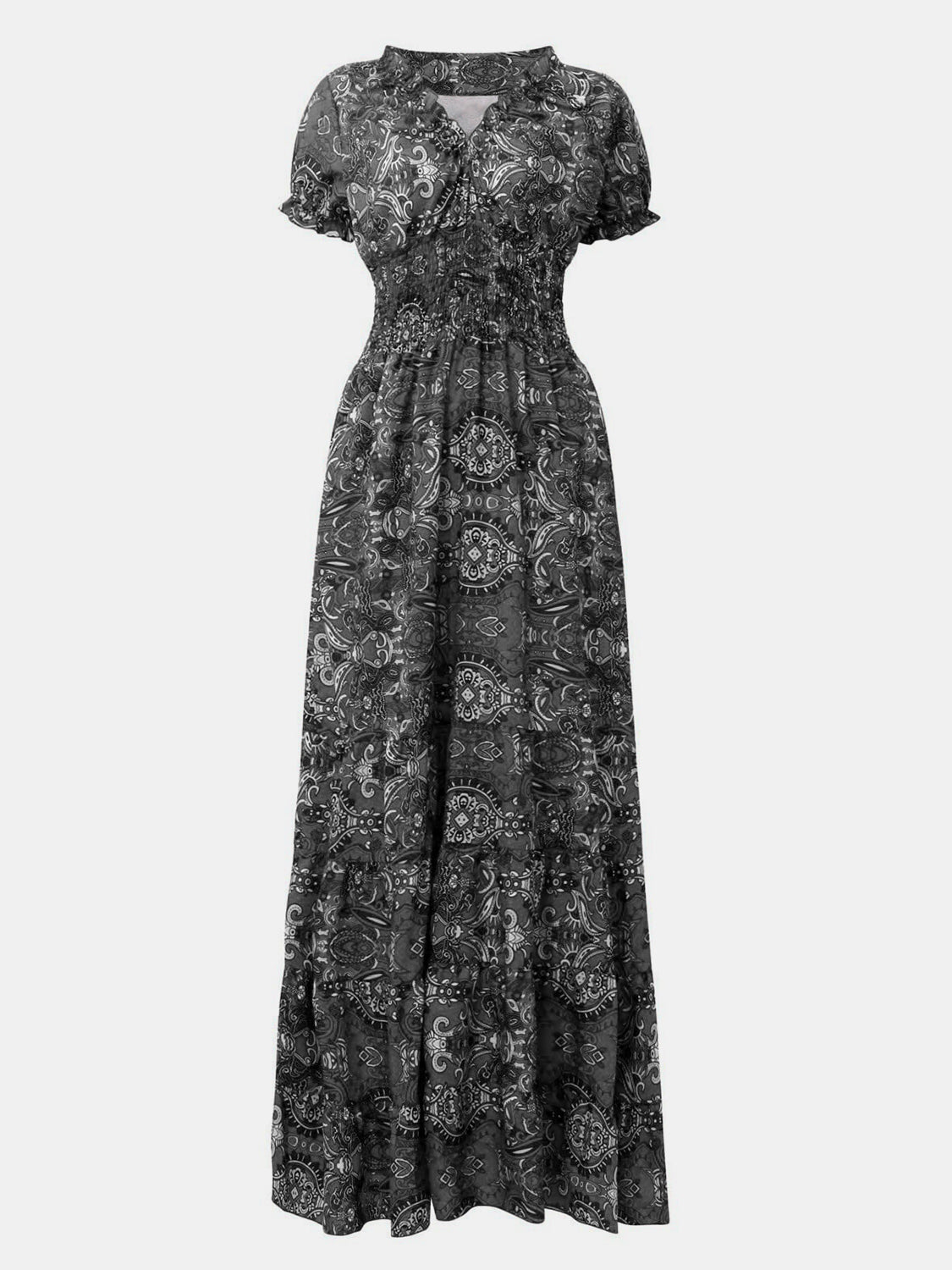 Lisbon Smocked Printed V-Neck Short Sleeve Dress (Copy)