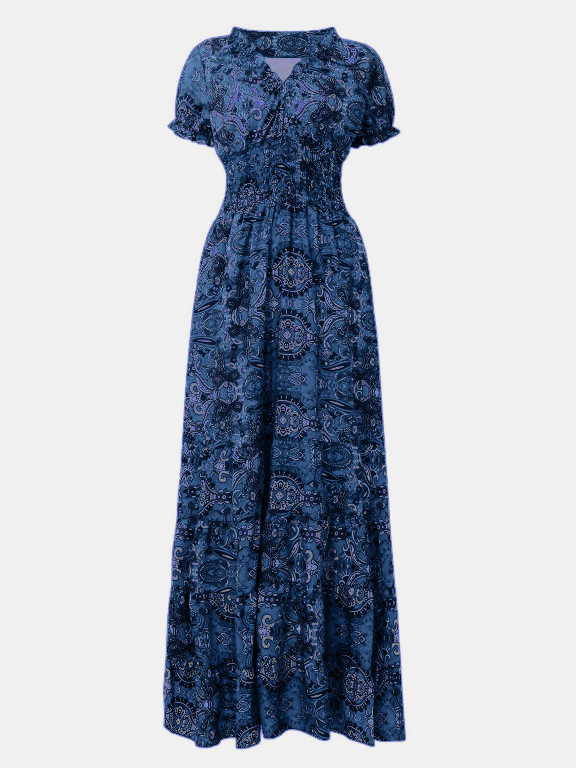 Lisbon Smocked Printed V-Neck Short Sleeve Dress (Copy)