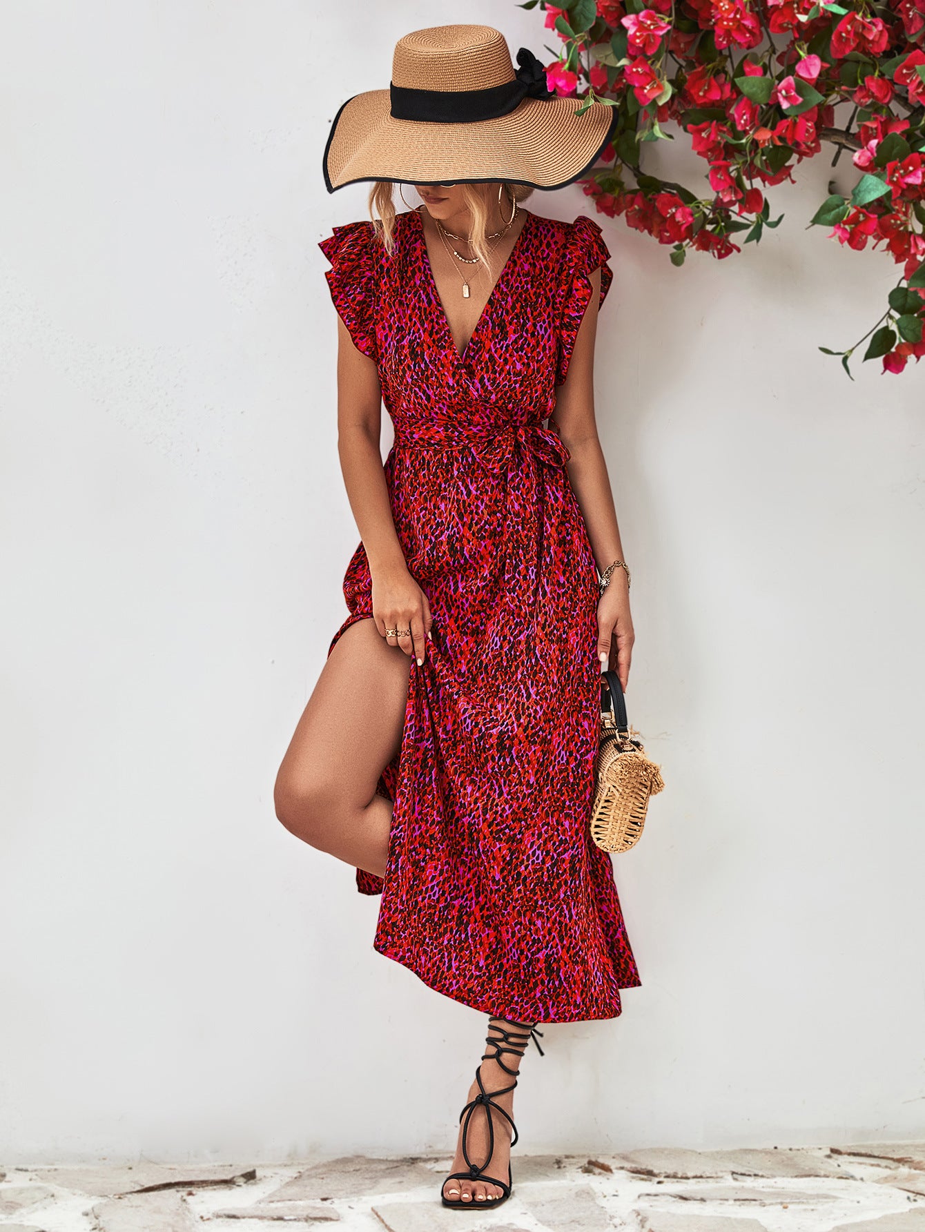Ivy Printed Surplice Neck Flutter Sleeve Slit Dress