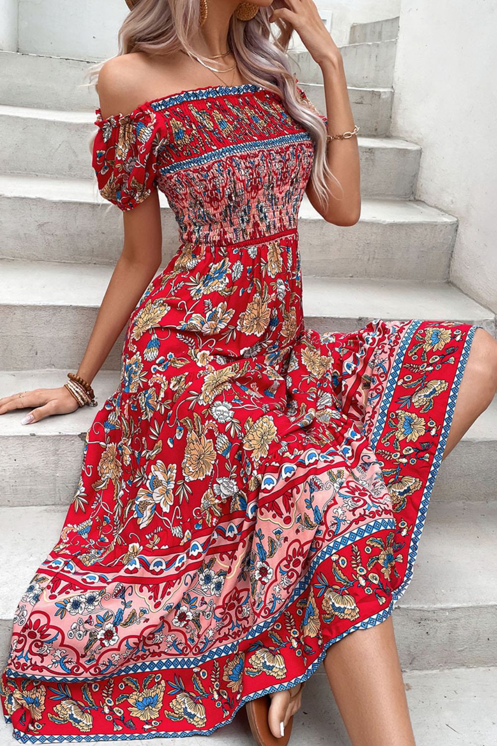 Fiesta Floral Off-Shoulder Smocked Midi Dress (Copy)