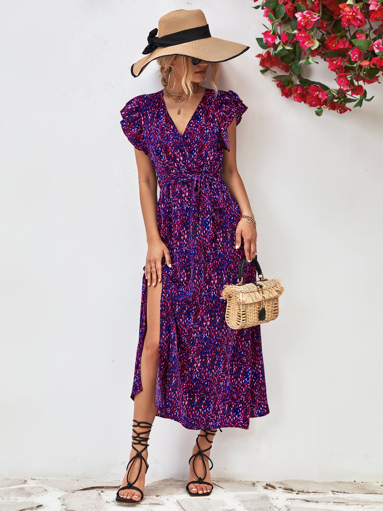 Ivy Printed Surplice Neck Flutter Sleeve Slit Dress
