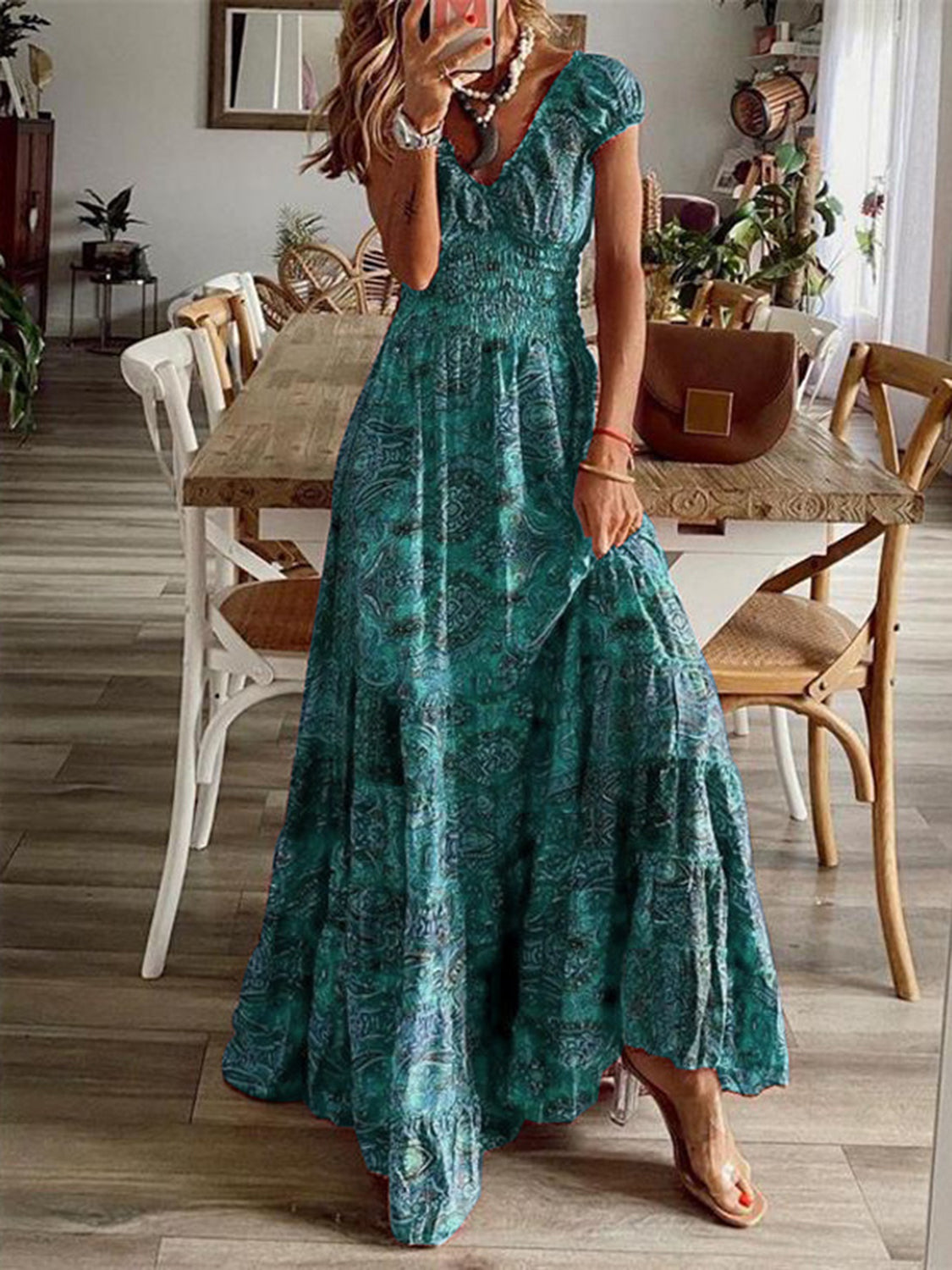 Lisbon Smocked Printed V-Neck Short Sleeve Dress (Copy)