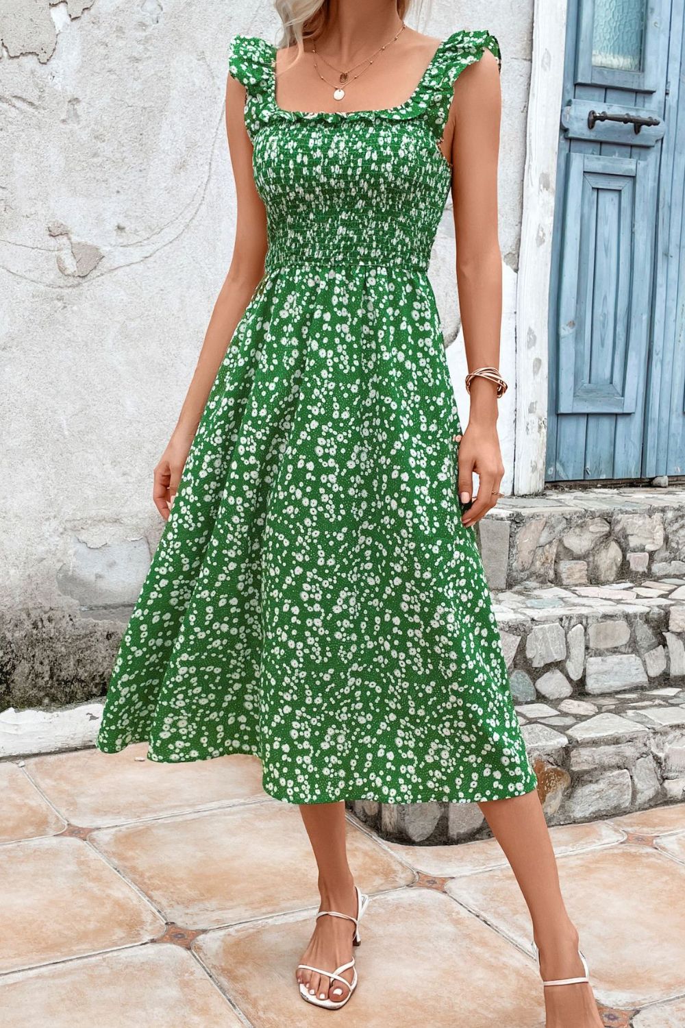 Jessica Printed Square Neck Ruffled Midi Dress