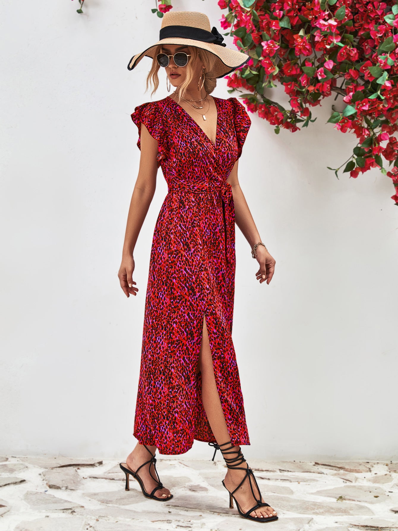 Ivy Printed Surplice Neck Flutter Sleeve Slit Dress