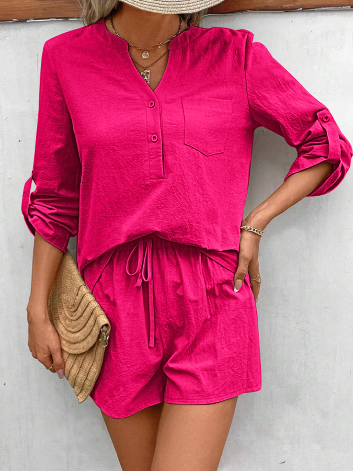 Botswana Notched Long Sleeve Top and Shorts Set (Copy)