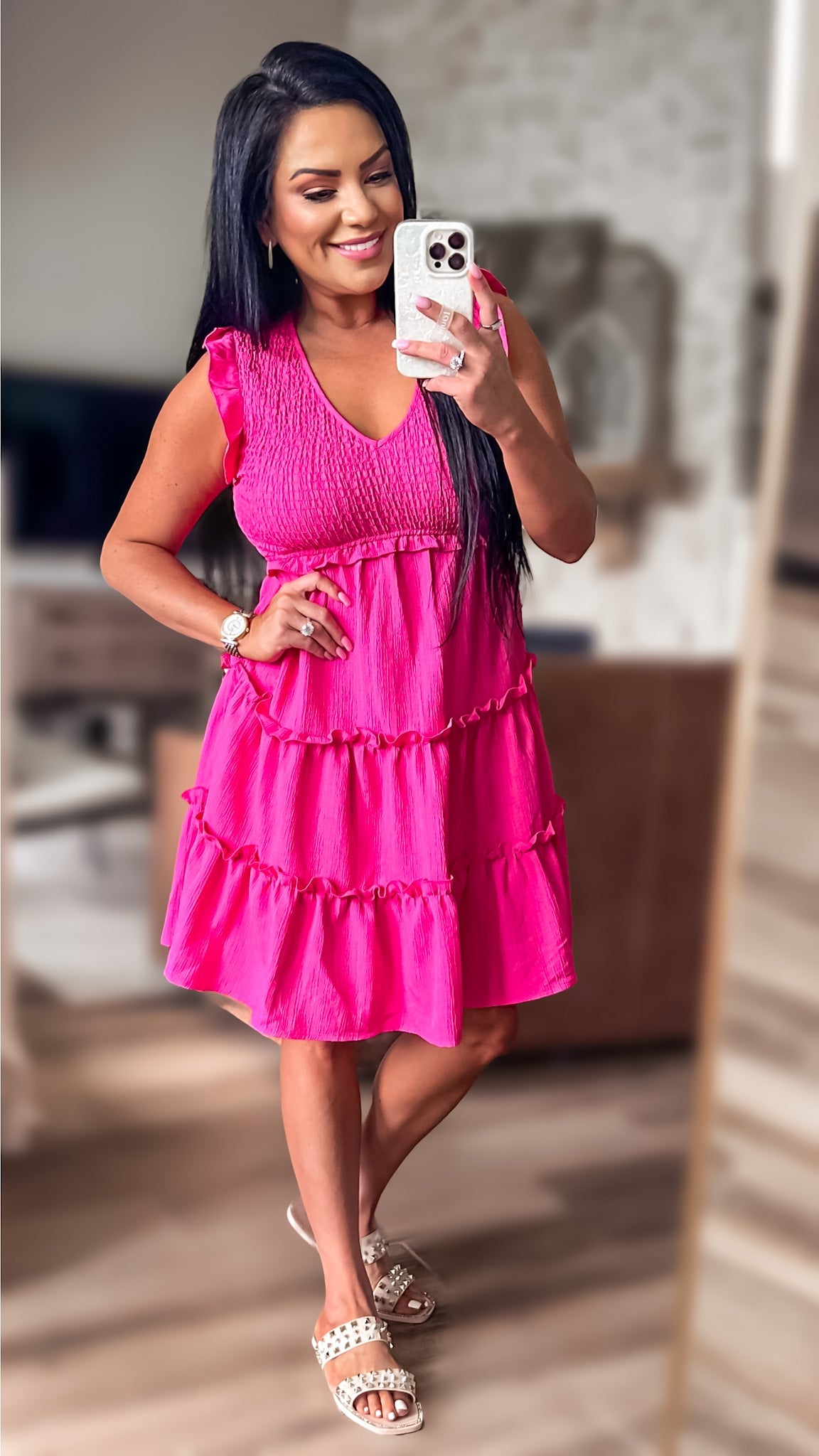 Reza Smocked Frill Trim Deep V Dress (Copy)