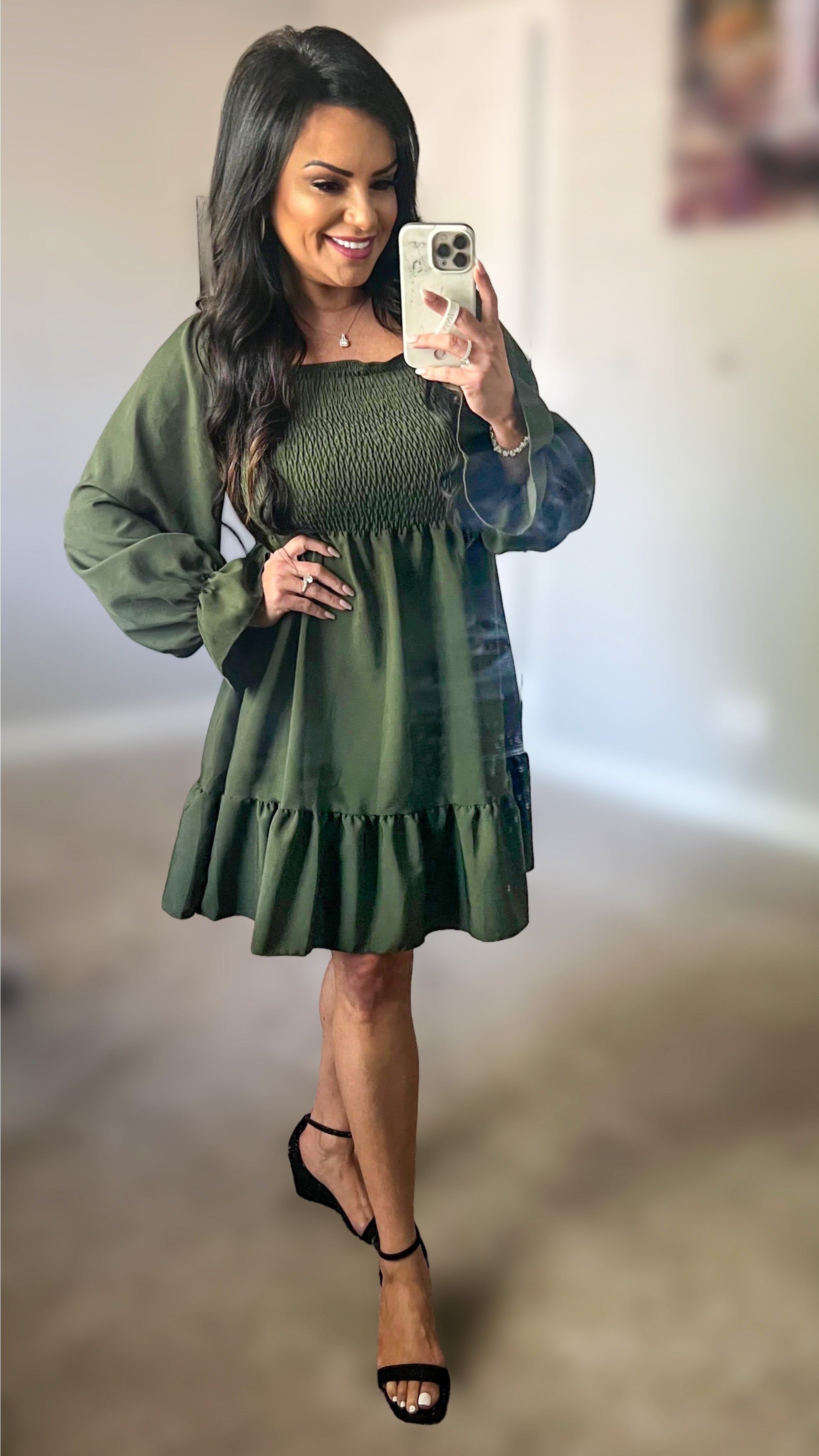 Hilary Smocked Flounce Sleeve Square Neck Dress (Copy)